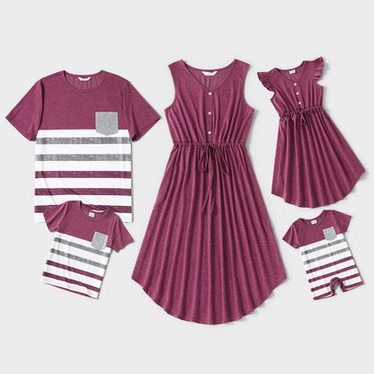 Family Matching Solid V Neck Sleeveless Button Up Drawstring Dresses and Striped Colorblock Short-sleeve T-shirts Sets - 20372558