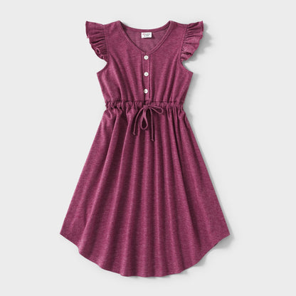 Family Matching Solid V Neck Sleeveless Button Up Drawstring Dresses and Striped Colorblock Short-sleeve T-shirts Sets - 20372558