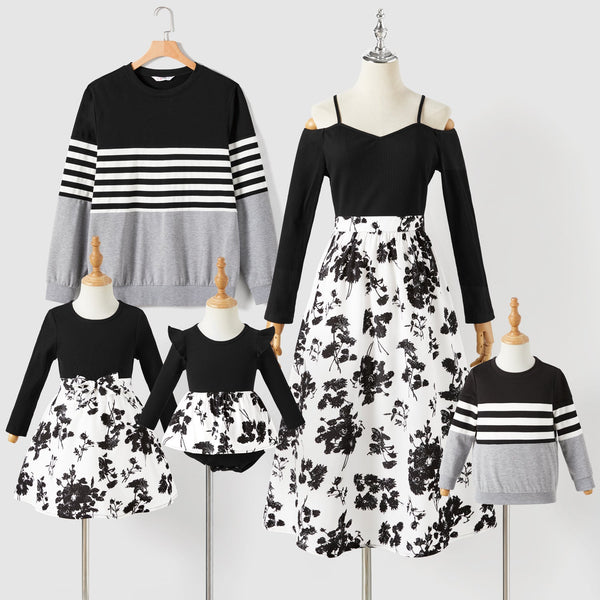 Family Matching Strappy Off Shoulder Floral Print Long-sleeve Dresses and Striped Long Sleeve Tops Sets - 20697857