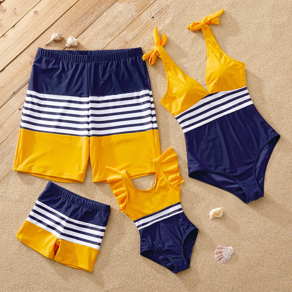 Family Matching Stripe & Colorblock Spliced One Piece Swimsuit or Swim Trunks Shorts - 20651125