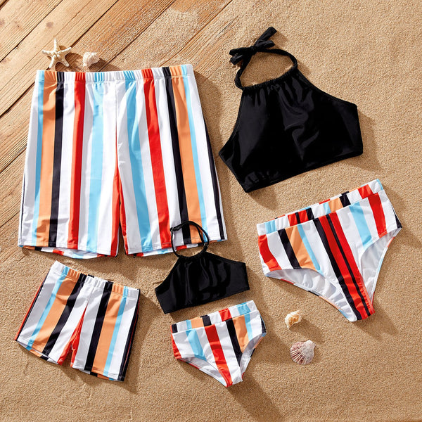 Family Matching Stripe Splice Halter Two-piece Swimsuit or Swim Trunks Shorts - 20646360