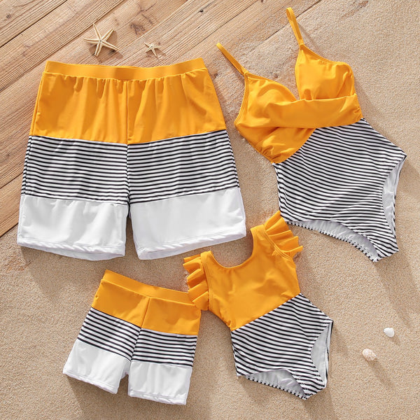 Family Matching Striped Colorblock Swim Trunks Shorts and Spaghetti Strap Splicing One-Piece Swimsuit - 20374504