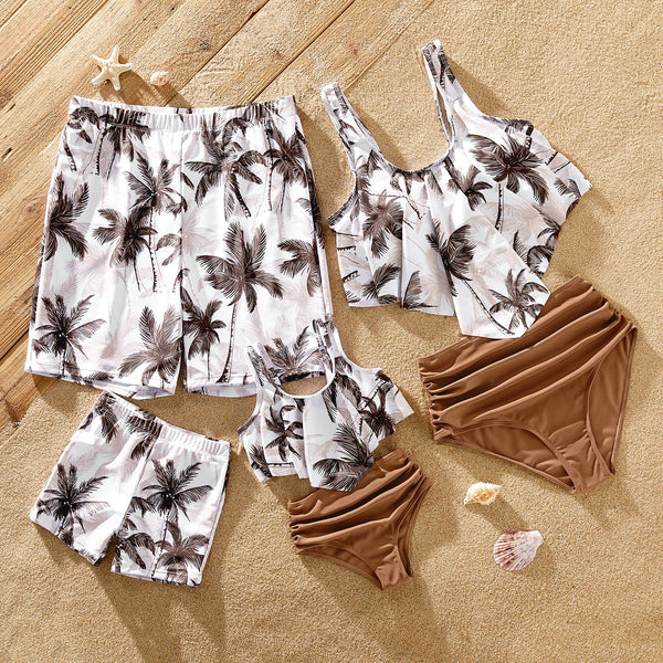 Family Matching Swimsuits One Piece Plant Printed Off Shoulder Ruffles Swimwear - 20571532