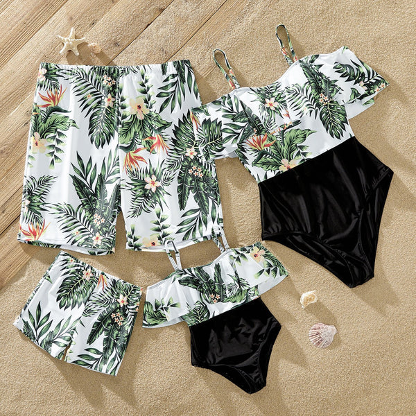 Family Matching Swimsuits One Piece Plant Printed Off Shoulder Ruffles Swimwear - 19013644