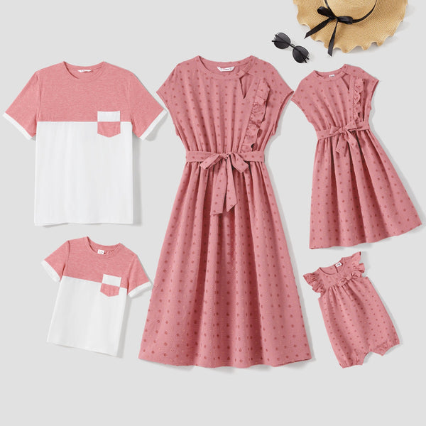 Family Matching Swiss Dot Belted Dresses and Two Tone Short-sleeve T-shirts Sets - 20590442