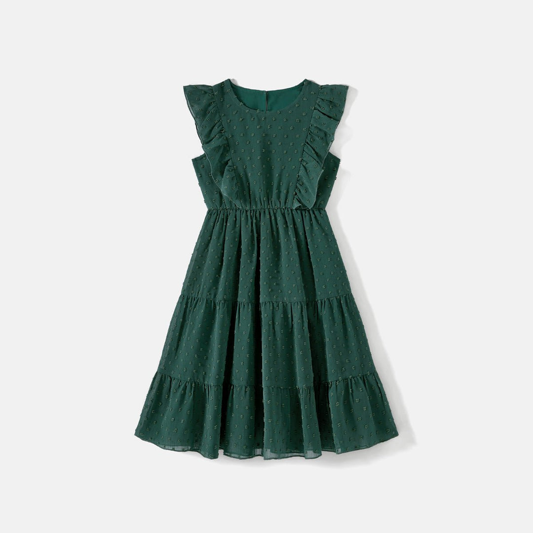 Family Matching Swiss Dot Ruffled Dresses and Stripe Panel Short-sleeve T-shirts Sets - 20607182