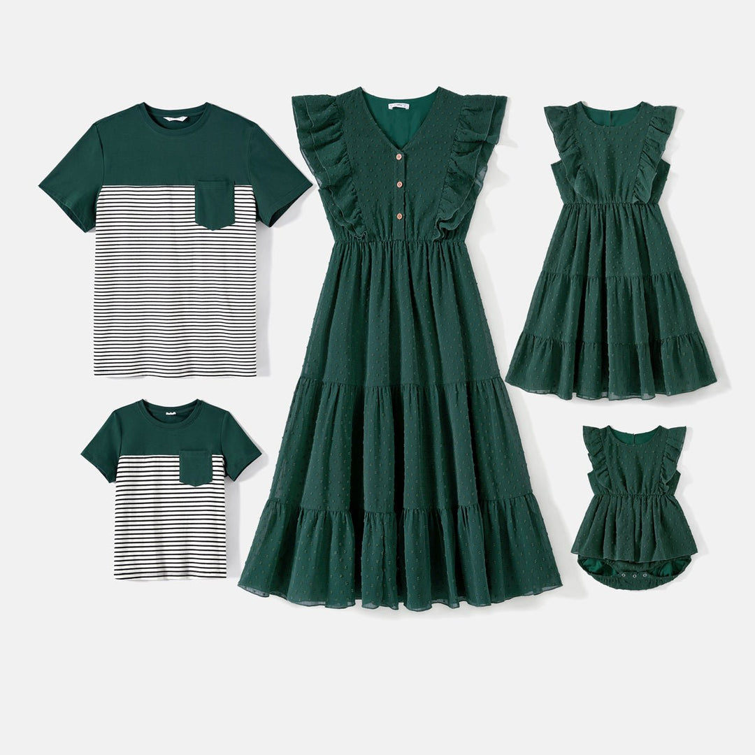 Family Matching Swiss Dot Ruffled Dresses and Stripe Panel Short-sleeve T-shirts Sets - 20607182