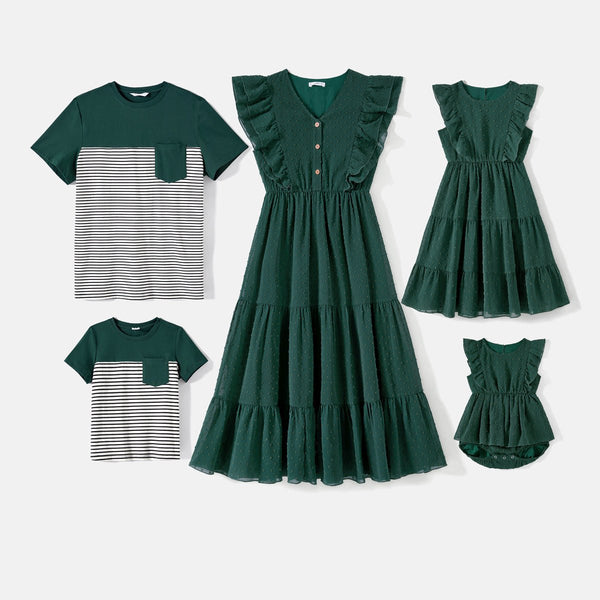 Family Matching Swiss Dot Ruffled Dresses and Stripe Panel Short-sleeve T-shirts Sets - 20607182