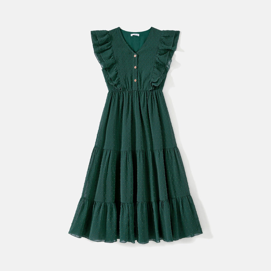 Family Matching Swiss Dot Ruffled Dresses and Stripe Panel Short-sleeve T-shirts Sets - 20607182