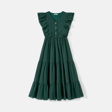 Family Matching Swiss Dot Ruffled Dresses and Stripe Panel Short-sleeve T-shirts Sets - 20607182