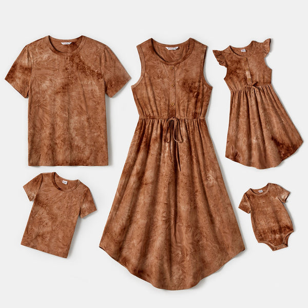 Family Matching Tie Dye Drawstring Waist Tank Dresses and Short-sleeve T-shirts Sets - 20665176