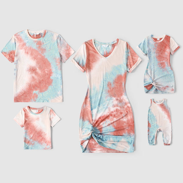 Family Matching Tie Dye Short-sleeve Twist Knot Bodycon Dresses and T-shirts Sets - 20446868