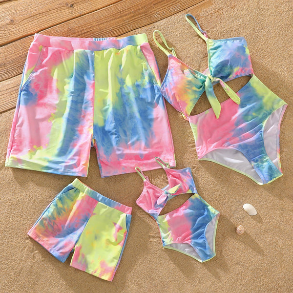Family Matching Tie Dye V Neck Self-tie Hollow Out Spaghetti Strap One-Piece Swimsuit and Swim Trunks Shorts - 20415478