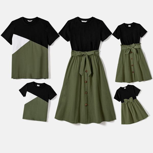 Family Matching Two Tone Short-sleeve Belted Combo Dresses and Color Block T-shirts Sets - 20655582