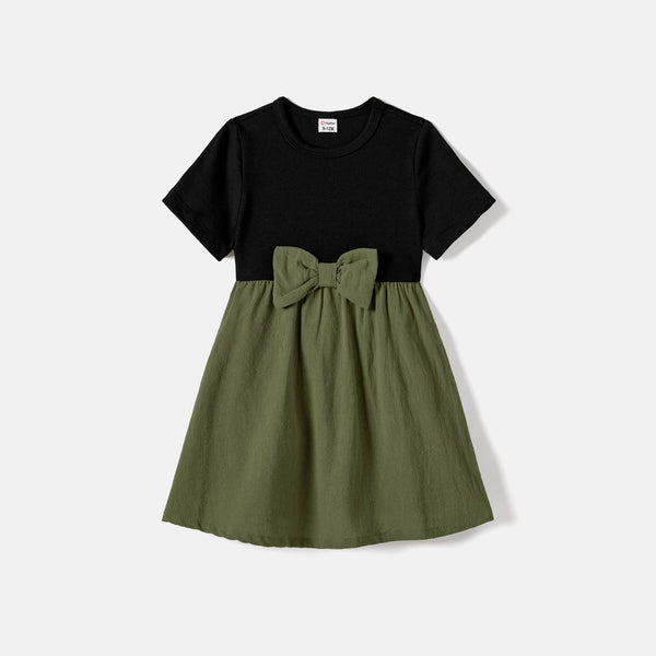 Family Matching Two Tone Short-sleeve Belted Combo Dresses and Color Block T-shirts Sets - 20655582