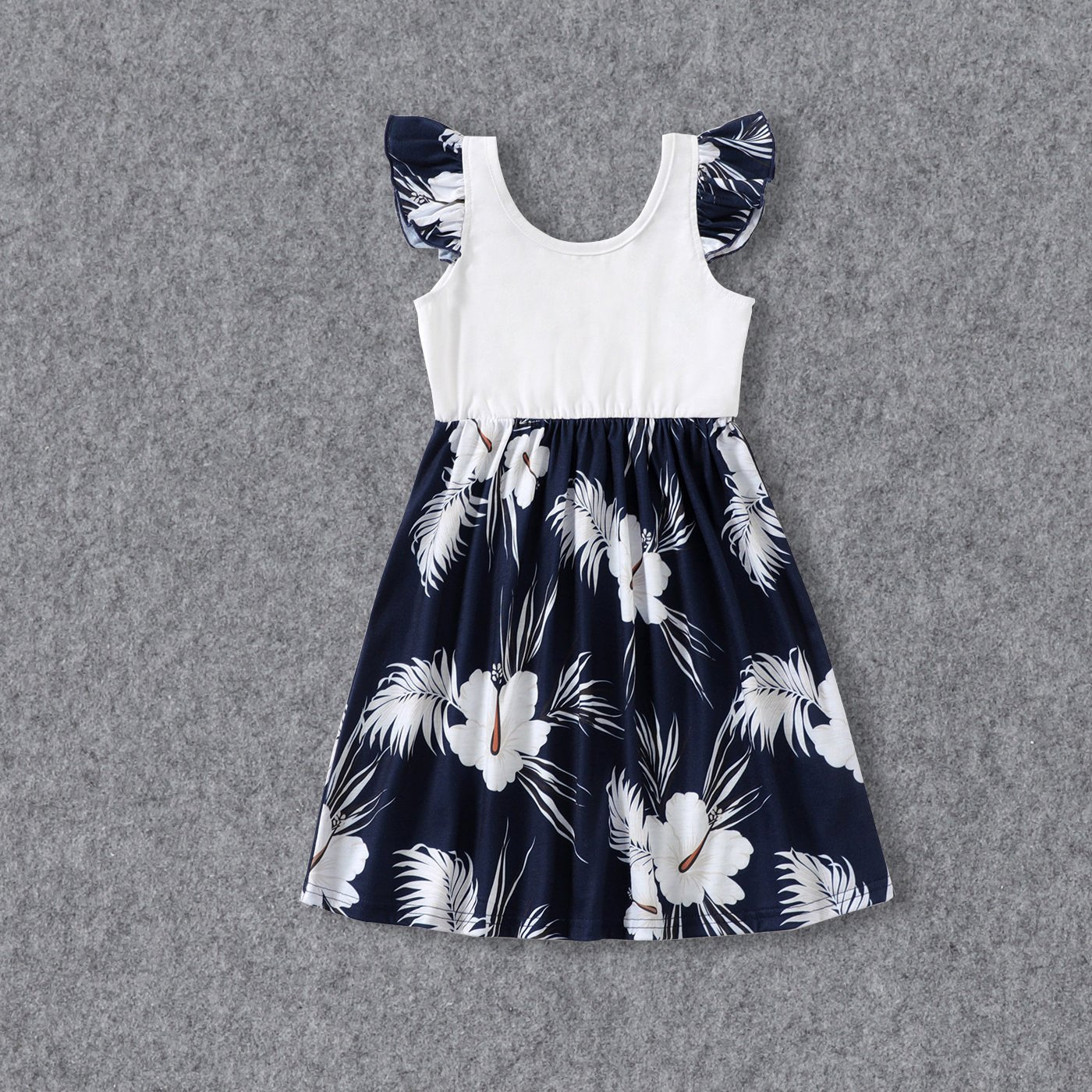 Family Matching White Spaghetti Strap Ruffle V Neck Splicing Floral Print Dresses and Short-sleeve T-shirts Sets - 20348918