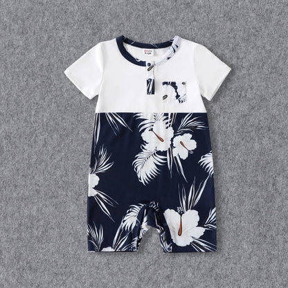 Family Matching White Spaghetti Strap Ruffle V Neck Splicing Floral Print Dresses and Short-sleeve T-shirts Sets - 20348918