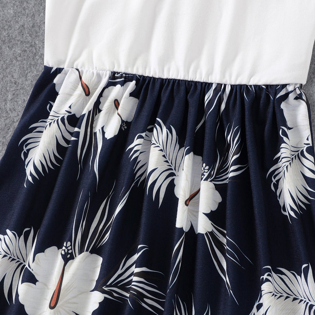 Family Matching White Spaghetti Strap Ruffle V Neck Splicing Floral Print Dresses and Short-sleeve T-shirts Sets - 20348918
