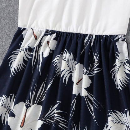 Family Matching White Spaghetti Strap Ruffle V Neck Splicing Floral Print Dresses and Short-sleeve T-shirts Sets - 20348918