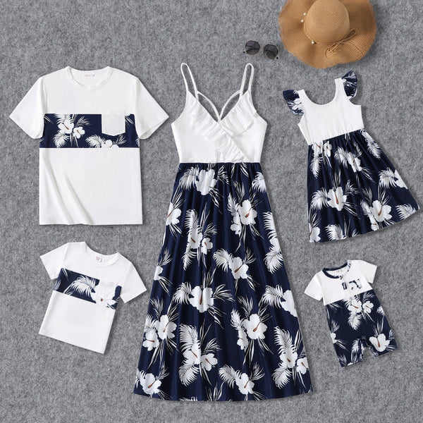 Family Matching White Spaghetti Strap Ruffle V Neck Splicing Floral Print Dresses and Short-sleeve T-shirts Sets - 20348918