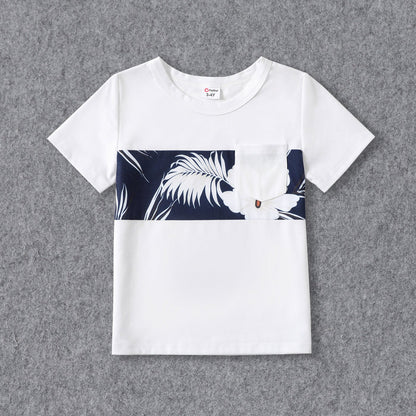 Family Matching White Spaghetti Strap Ruffle V Neck Splicing Floral Print Dresses and Short-sleeve T-shirts Sets - 20348918