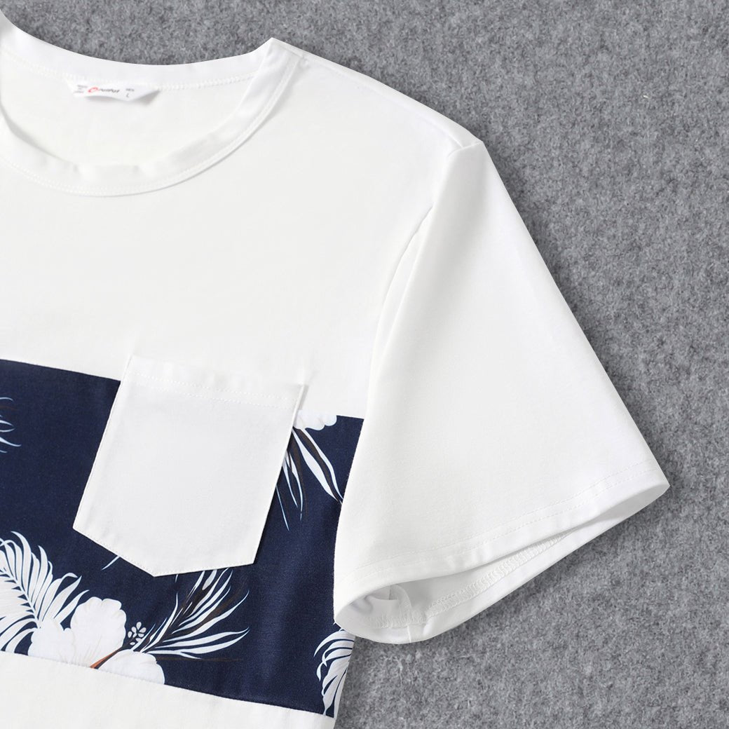 Family Matching White Spaghetti Strap Ruffle V Neck Splicing Floral Print Dresses and Short-sleeve T-shirts Sets - 20348918