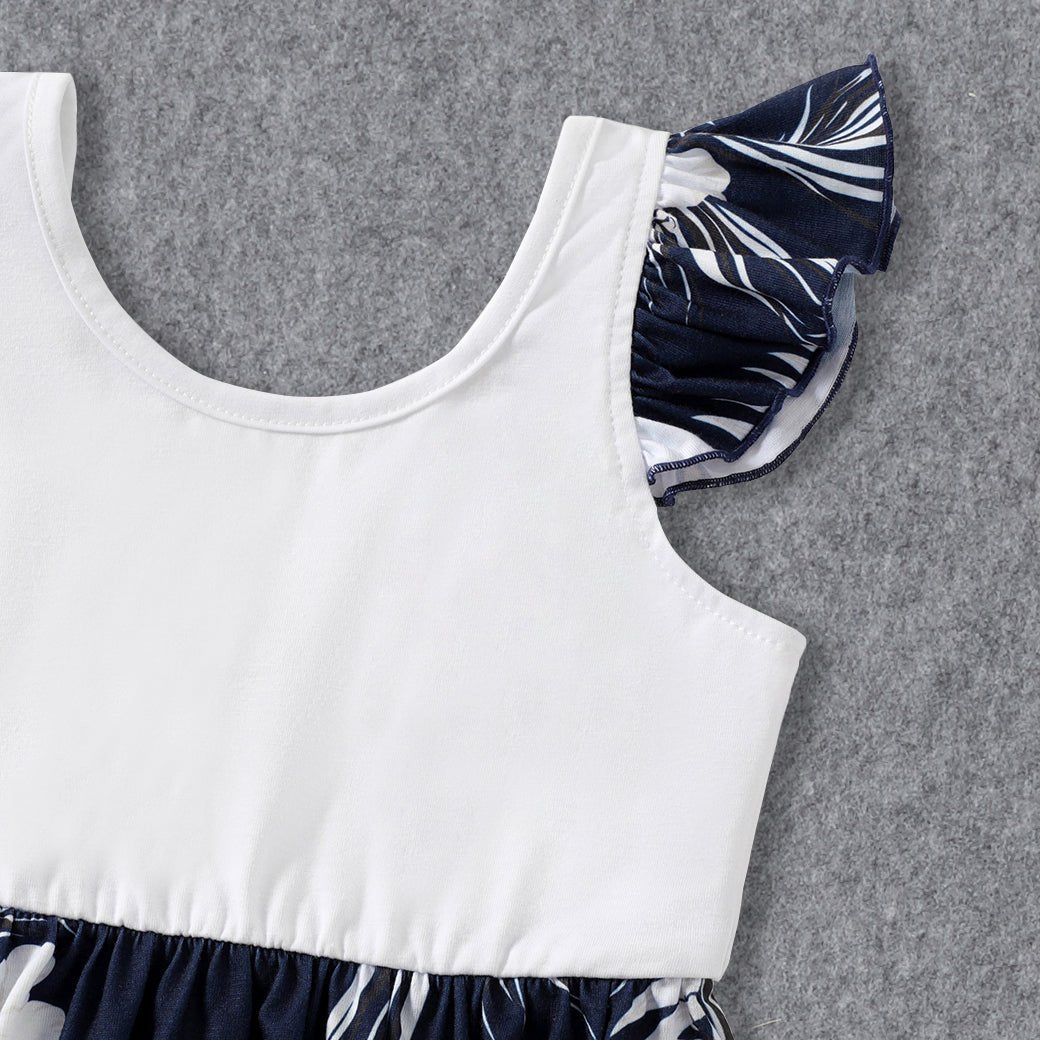 Family Matching White Spaghetti Strap Ruffle V Neck Splicing Floral Print Dresses and Short-sleeve T-shirts Sets - 20348918