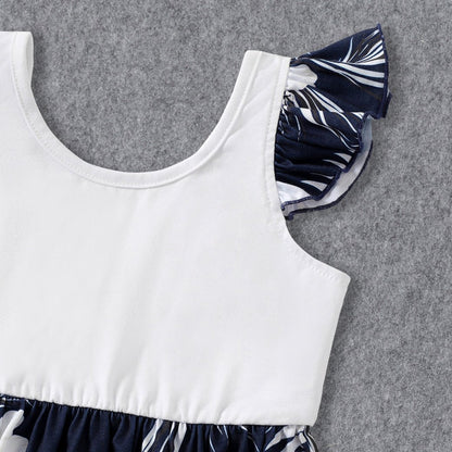Family Matching White Spaghetti Strap Ruffle V Neck Splicing Floral Print Dresses and Short-sleeve T-shirts Sets - 20348918