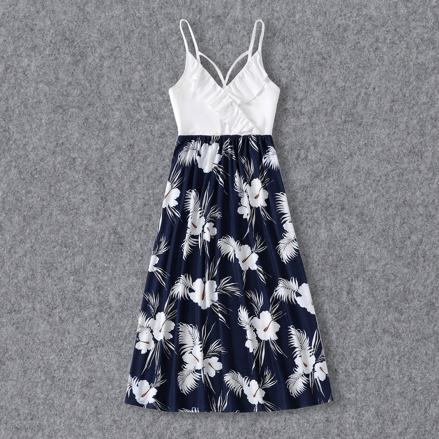 Family Matching White Spaghetti Strap Ruffle V Neck Splicing Floral Print Dresses and Short-sleeve T-shirts Sets - 20348918