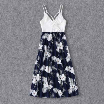 Family Matching White Spaghetti Strap Ruffle V Neck Splicing Floral Print Dresses and Short-sleeve T-shirts Sets - 20348918