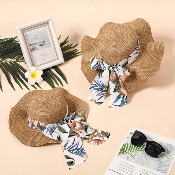 Floral Pattern Bow Decor Ruffled Straw Hat for Mom and Me - 20463137