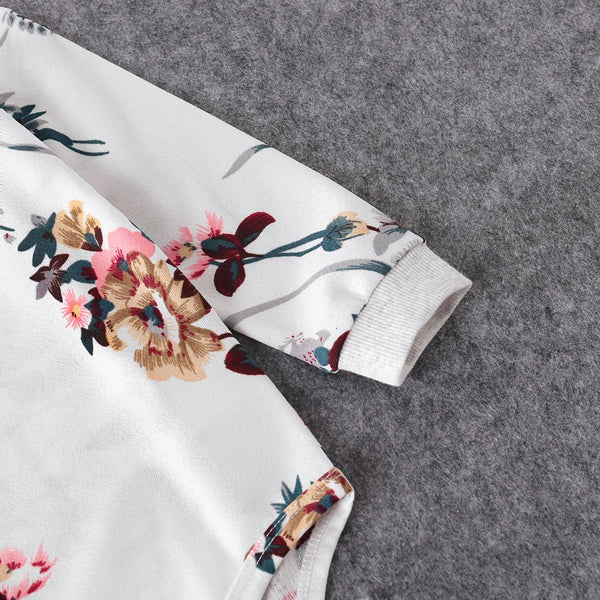 Floral Print Crewneck Drop Shoulder Long-sleeve Tops for Mom and Me - 20185209