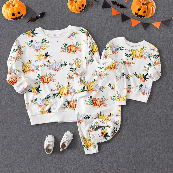 Halloween Allover Pumpkin Print Long-sleeve Pullover Sweatshirts for Mom and Me - 20467513