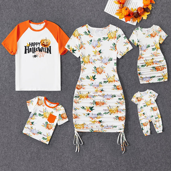 Halloween Family Drawstring Ruched Bodycon Pumpkin Dresses And Short Sleeve Tops Sets - 20687495