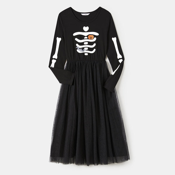 Halloween Family Glow In The Dark Spooky Skeleton Print Black Long-sleeve Mesh Dresses and Tops Sets - 20693395
