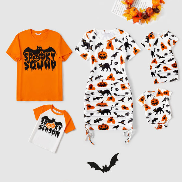 Halloween Family Matching 95% Cotton Short-sleeve Graphic T-shirts Allover Print Drawstring Ruched Bodycon Dresses Sets - 20473995
