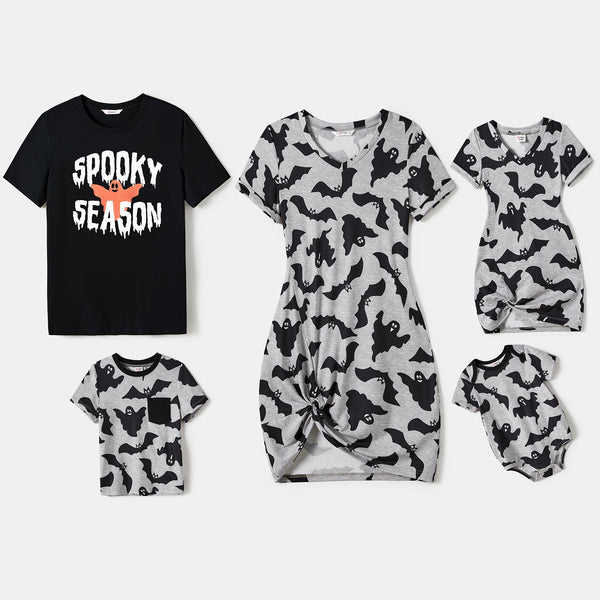 Halloween Family Matching Bat Print Bodycon T-shirt Dresses and Letter Print Short Sleeve Tops Sets - 20705552