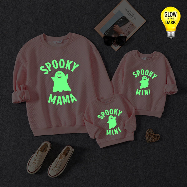 Halloween Family Matching Glow in the Dark Pink Letter & Ghost Print Tops - 20691111