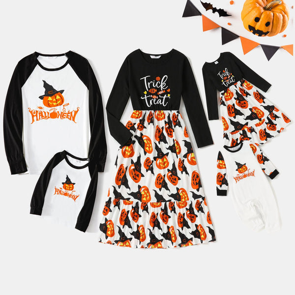 Halloween Family Matching Long-sleeve Letter & Pumpkin Lantern Print Spliced Dresses and Raglan-sleeve T-shirts Sets - 20472170