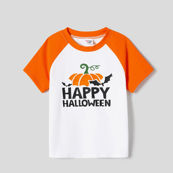 Halloween Family Matching Pumpkin Print Belted Dresses and Solid Letter Print Short Sleeve Tops Sets - 20680221