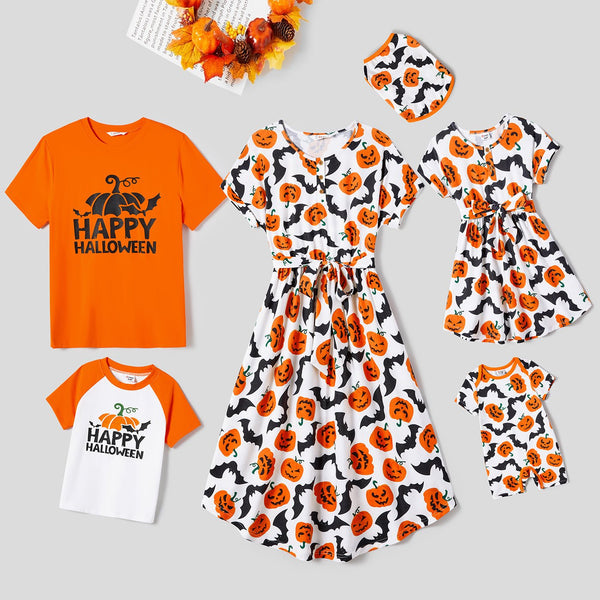 Halloween Family Matching Pumpkin Print Belted Dresses and Solid Letter Print Short Sleeve Tops Sets - 20680221