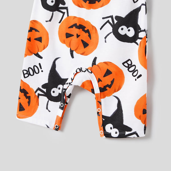 Halloween Family Matching Pumpkin Print Dresses and Short Sleeve Colorblock Tops Sets - 20679596