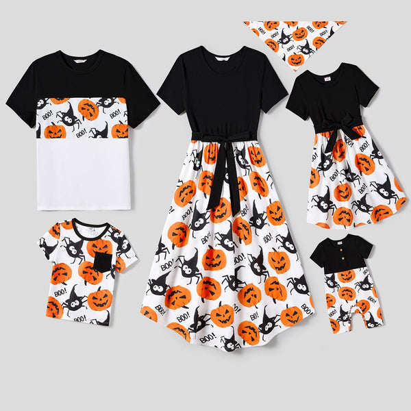Halloween Family Matching Pumpkin Print Dresses and Short Sleeve Colorblock Tops Sets - 20679596