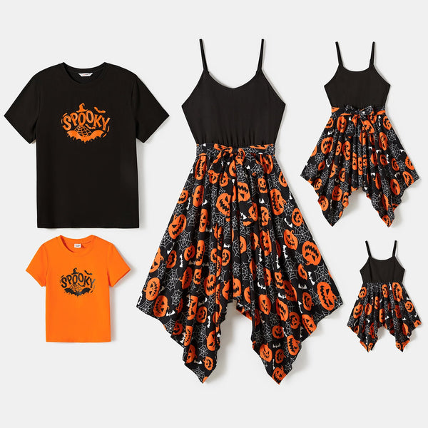Halloween Family Matching Pumpkin Print Spaghetti Strap Sleeveless Dresses and Solid Color Short Sleeve Tops Sets - 20690771