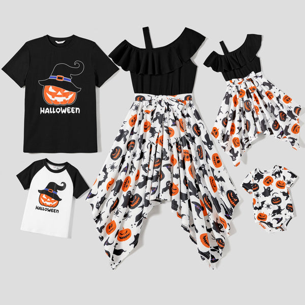 Halloween Family Matching Pumpkin Printed Irregular Octagonal Dresses and Pumpkin & Letter Printed Short Sleeve Tops Sets - 20691740
