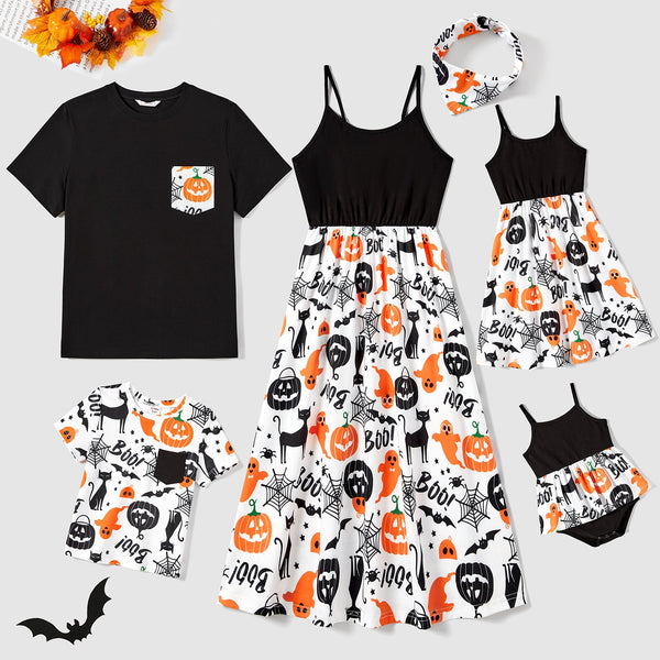 Halloween Fmaily Matching Spaghetti Strap Pumpkin Sleeveless Dresses and Short Sleeve Tops Sets - 20680237