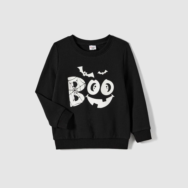 Halloween Glow In The Dark BOO and bat Print Long-sleeve Pullover Sweatshirts - 20688274