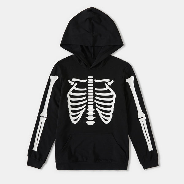 Halloween Glow In The Dark Skeleton Print Black Family Matching Long-sleeve Hoodies - 20476920