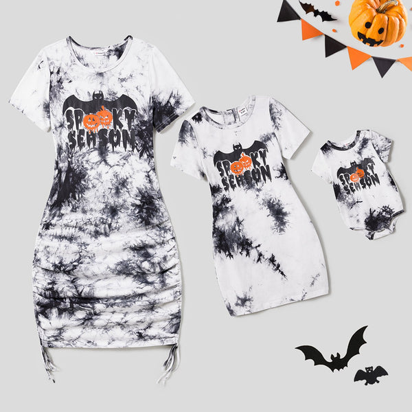 Halloween Mommy and Me Tie Dye Drawstring Ruched Side Bodycon Dresses - 20704564