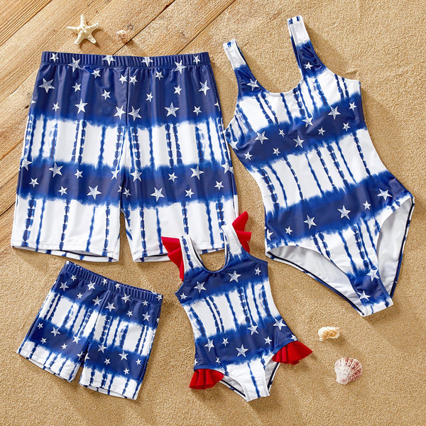 Independence Day Family Matching Allover Star Print Blue One-piece Swimsuit or Swim Trunks Shorts - 20619943